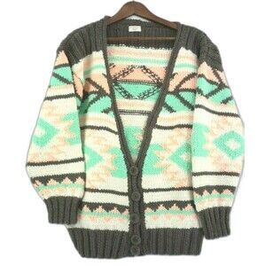 Hand Knit Cardigan Sweater Chunky  Aztec South Western Boho Vintage Cozy Size L